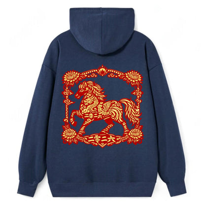 HORSE | Silk style horse design | Gold and silver thread appearance | - Classic Pullover Hoodie - Navy