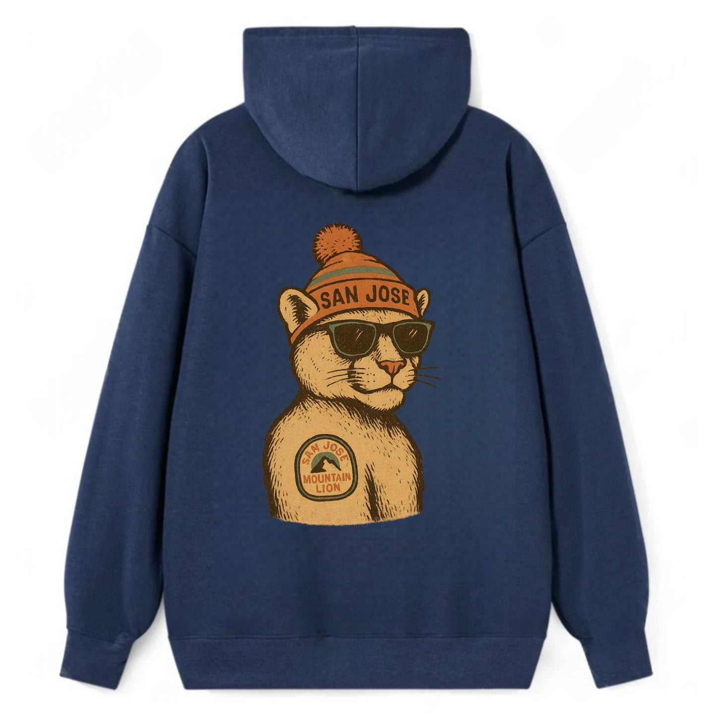 San Jose Mountain Lion wearing San Jose beanie with pom pom and wayfarer - Classic Pullover Hoodie - Navy