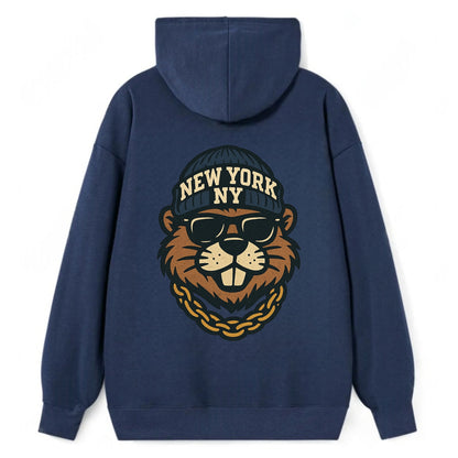 {"animal":"beaver","locationText":"NEW YORK","initials":"NY","beanieColor" - Classic Pullover Hoodie - Navy