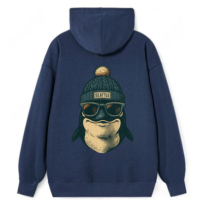 Washington Orca wearing Seattle beanie with pom pom and wayfarer - Classic Pullover Hoodie - Navy