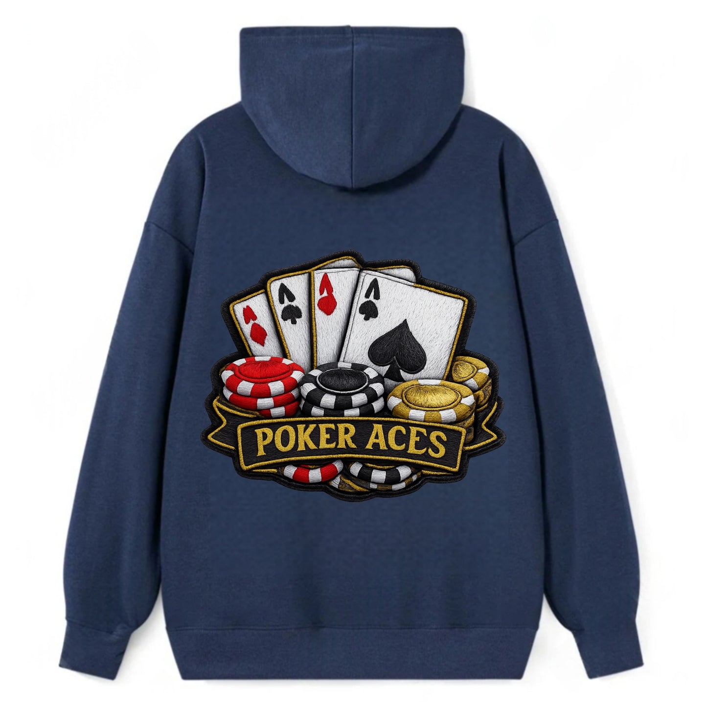 Embroidered patch design - POKER ACES - four aces with chips in red, - Classic Pullover Hoodie - Navy