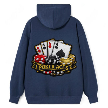 Embroidered patch design - POKER ACES - four aces with chips in red, - Classic Pullover Hoodie - Navy
