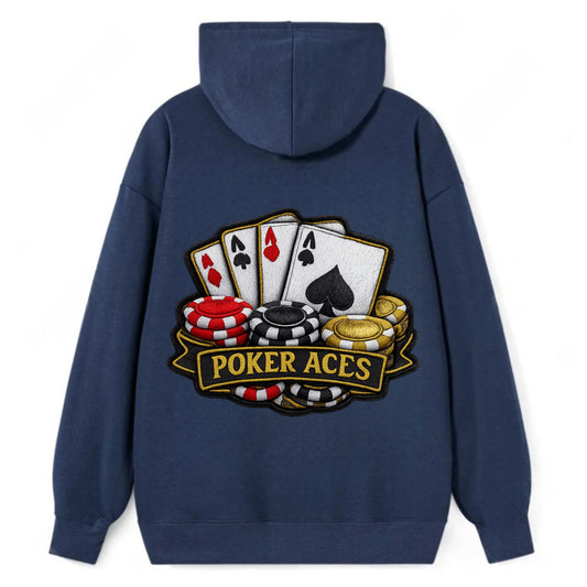 Embroidered patch design - POKER ACES - four aces with chips in red, - Classic Pullover Hoodie - Navy