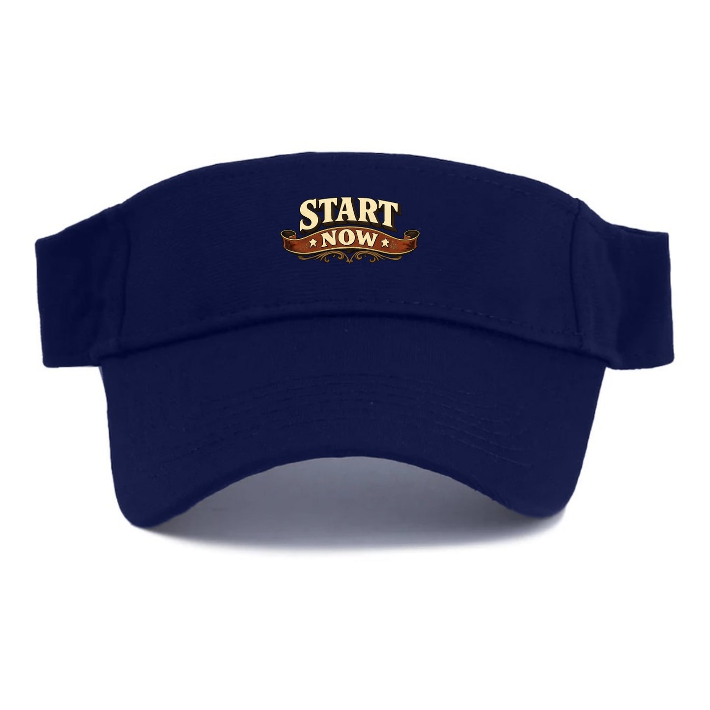 Bold typography design - "START NOW" - begin immediately, no delay - Visor - Navy