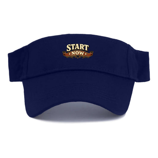 Bold typography design - "START NOW" - begin immediately, no delay - Visor - Navy