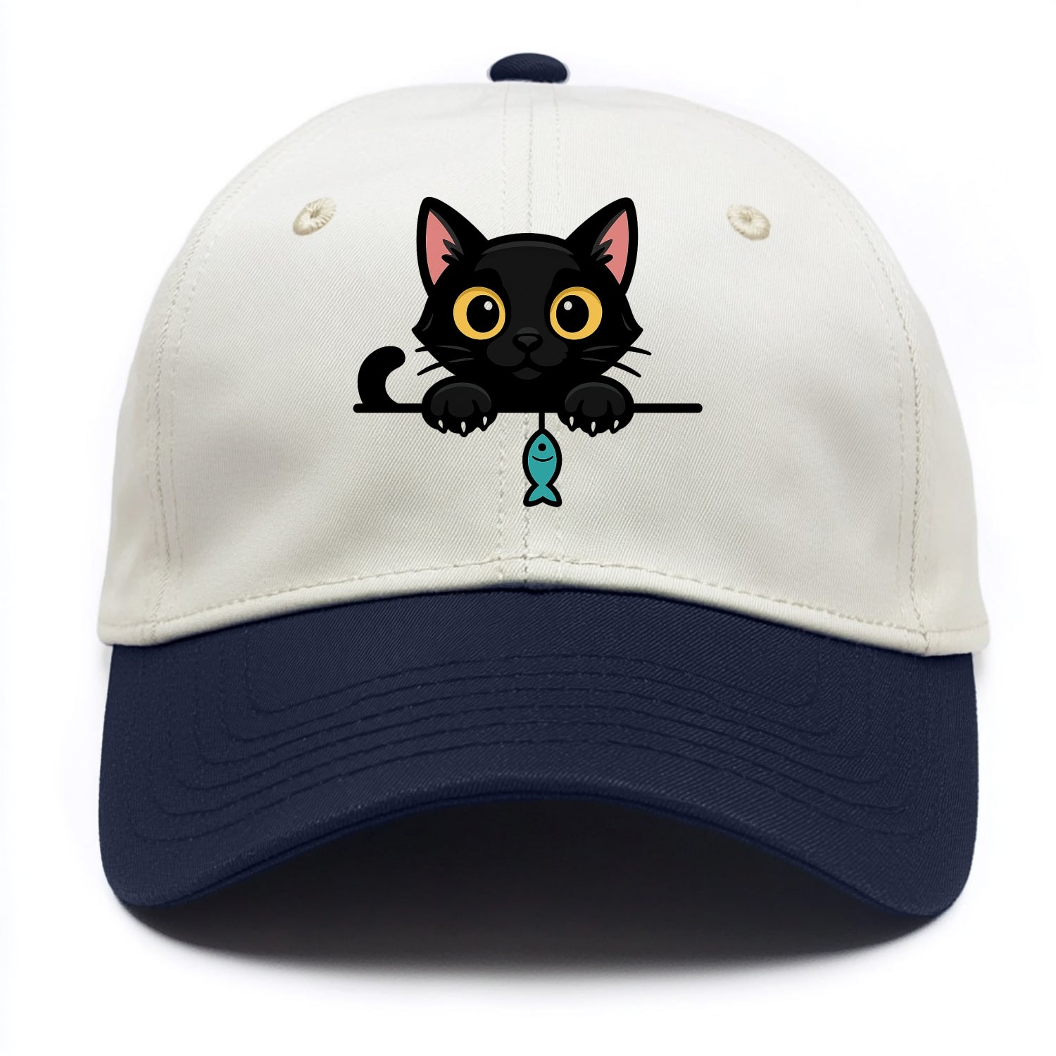 Midnight the black cat holding a tiny yarn ball between both paws while peeking. - Two Tone Cap - Navy