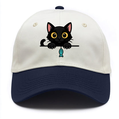 Midnight the black cat holding a tiny yarn ball between both paws while peeking. - Two Tone Cap - Navy