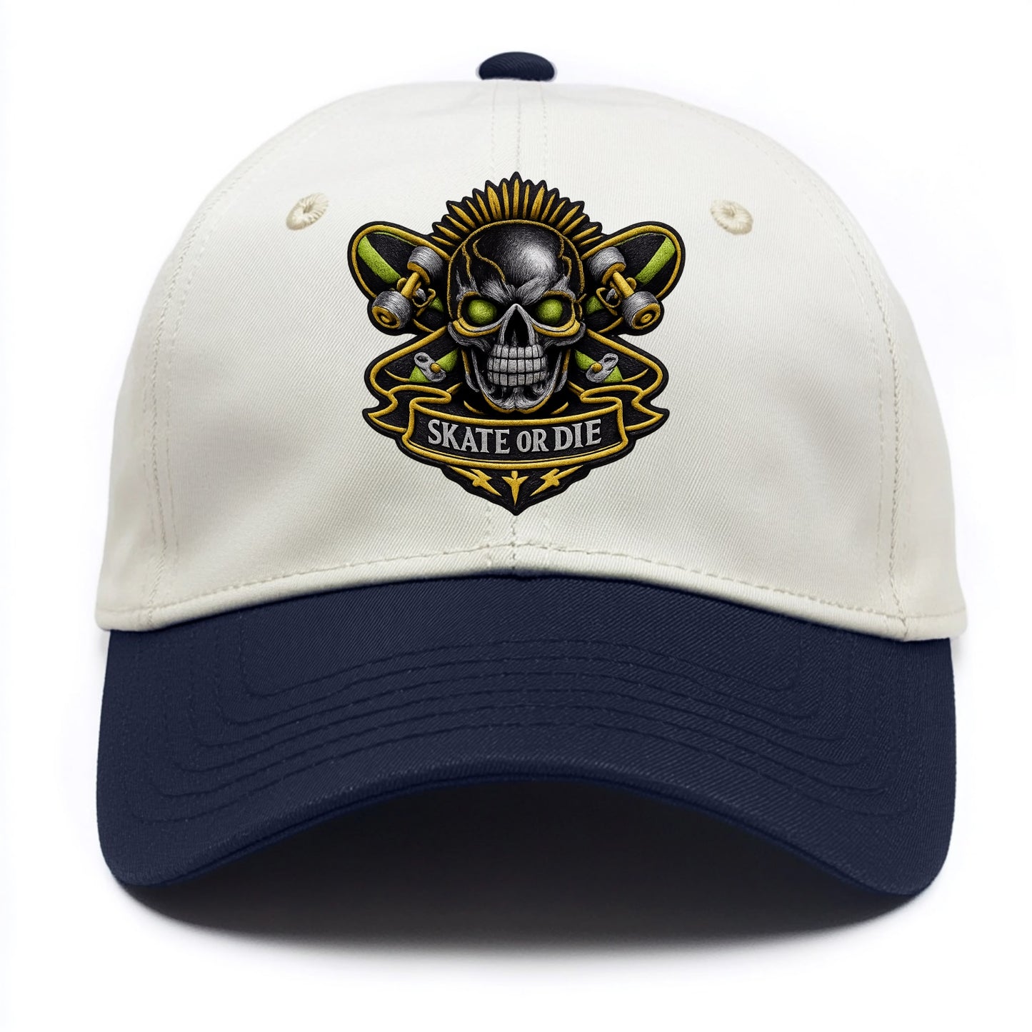 Embroidered patch design - SKATEBOARD SKULL - skull with skateboard in black and - Two Tone Cap - Navy