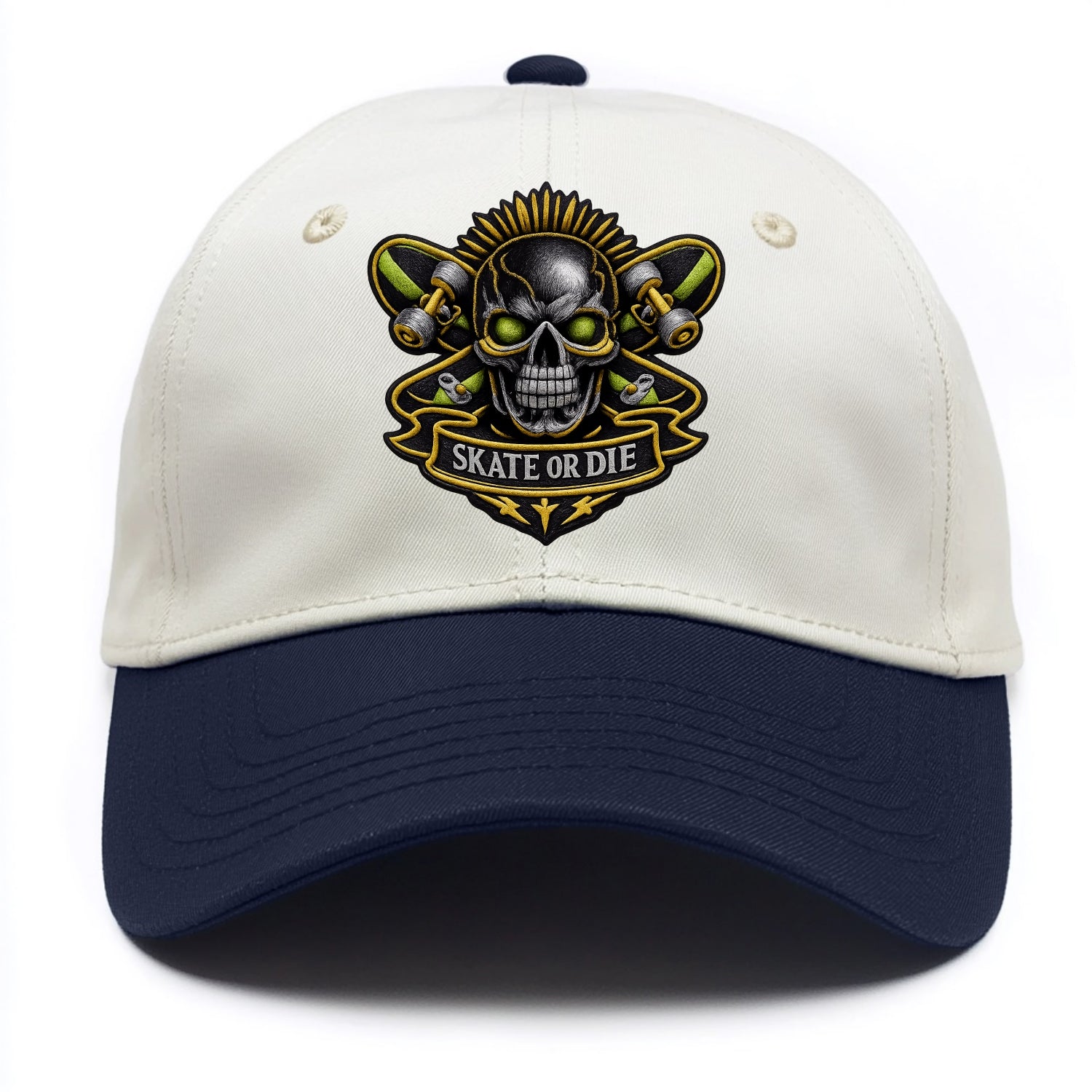 Embroidered patch design - SKATEBOARD SKULL - skull with skateboard in black and - Two Tone Cap - Navy