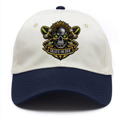 Embroidered patch design - SKATEBOARD SKULL - skull with skateboard in black and - Two Tone Cap - Navy