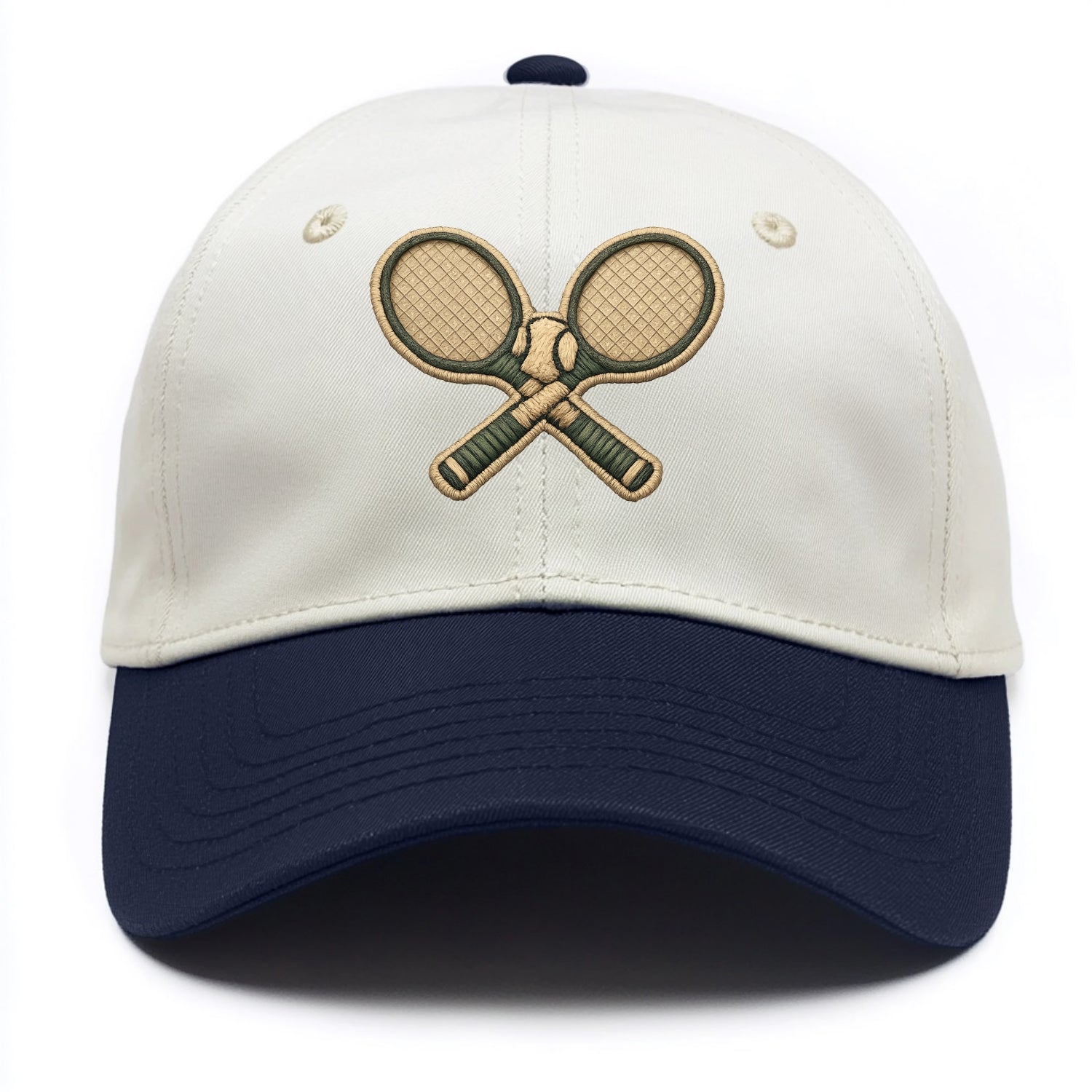 Embroidered patch design - TENNIS RACKET CROSSED - tennis rackets with ball in white - Two Tone Cap - Navy