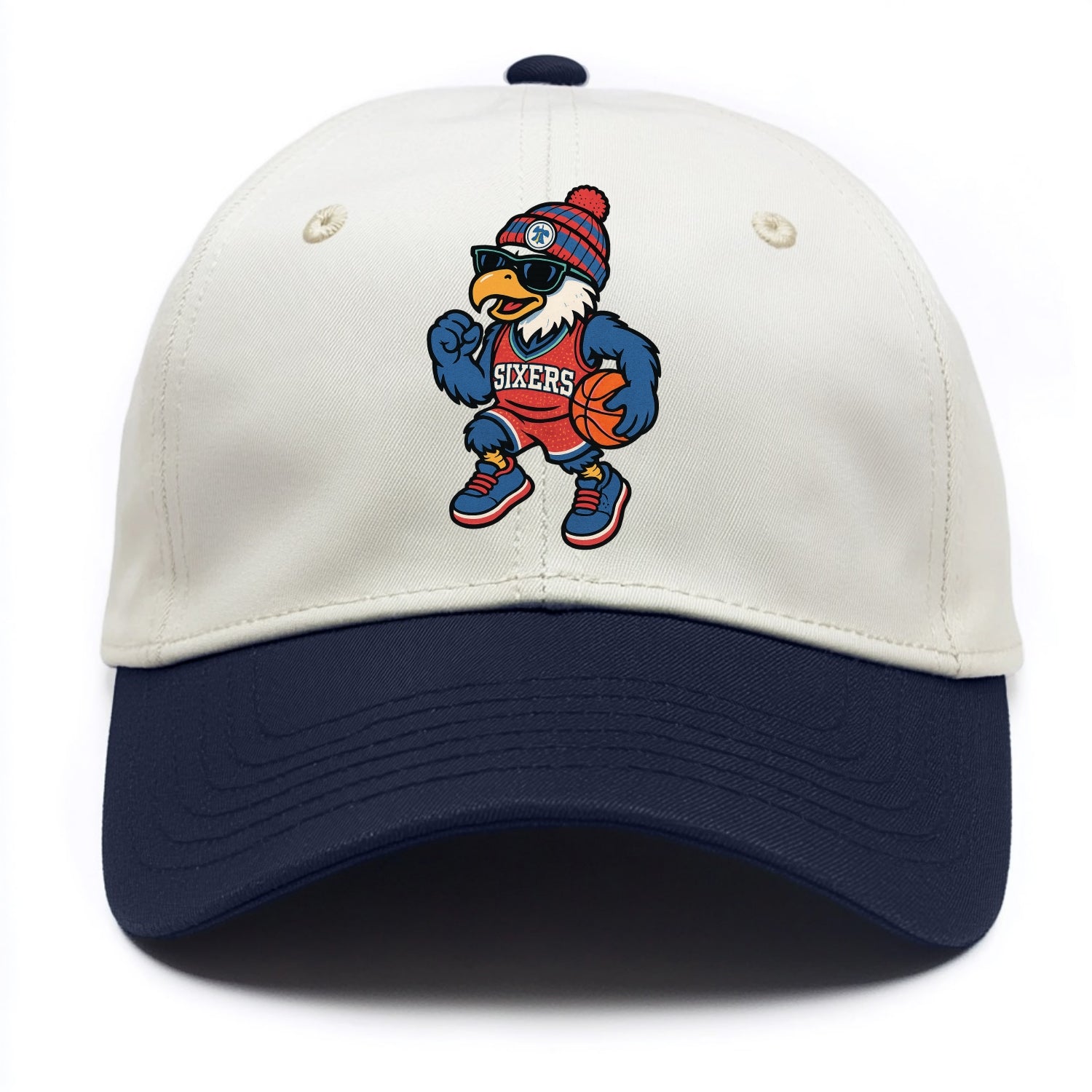 Philadelphia Eagle wearing 76ers red white and blue beanie with bell patch and - Two Tone Cap - Navy