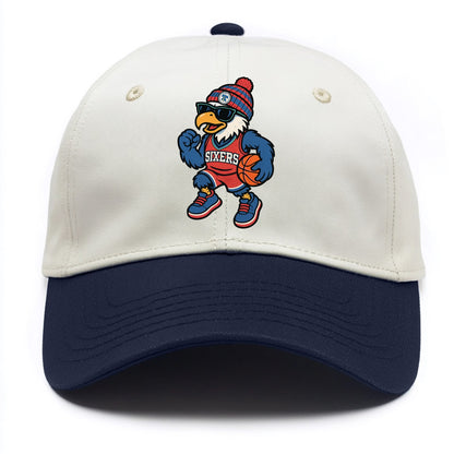 Philadelphia Eagle wearing 76ers red white and blue beanie with bell patch and - Two Tone Cap - Navy