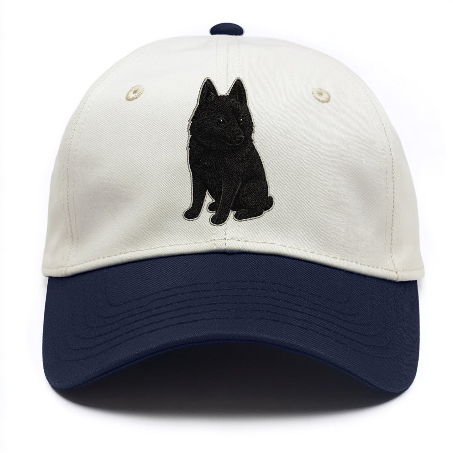 Schipperke - Solid black small embroidered sitting pose - Two Tone Cap - Navy