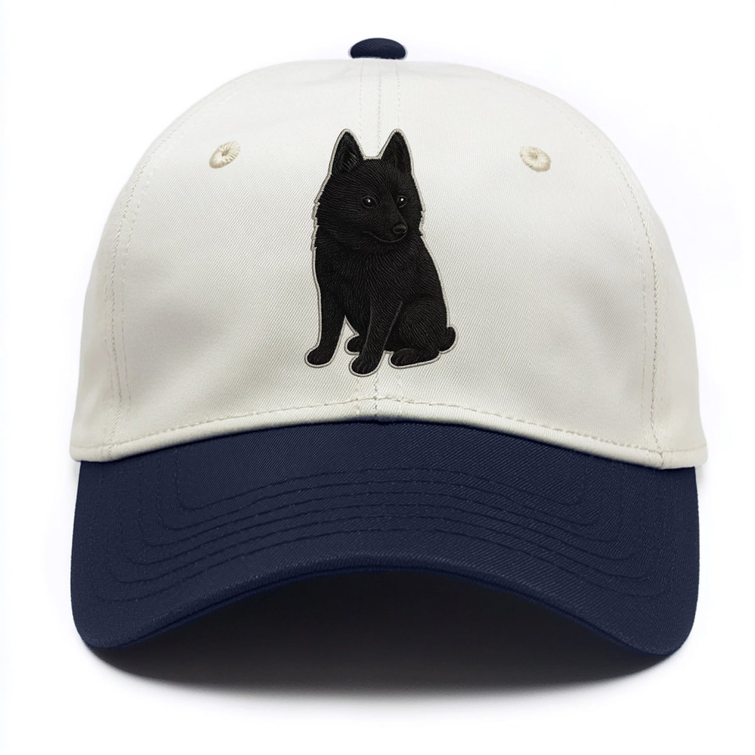 Schipperke - Solid black small embroidered sitting pose - Two Tone Cap - Navy