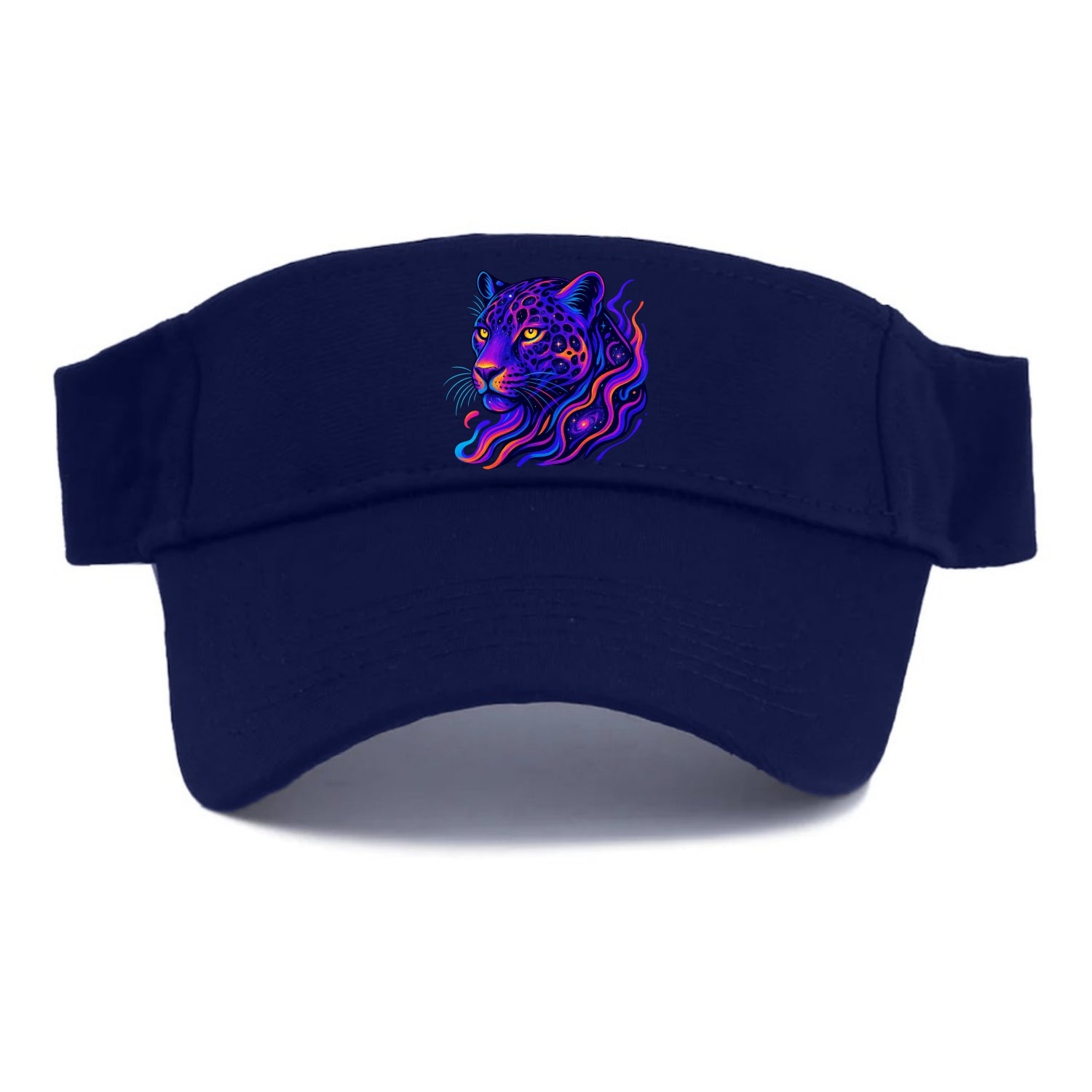 Powerful jaguar with rosettes containing miniature galaxies, cosmic purple and orange - Visor - Navy