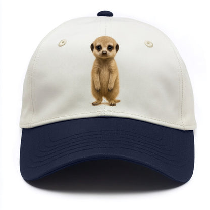 Baby Meerkat - tan fur, dark eye patches, alert stance, bright eyes, front-facing, - Two Tone Cap - Navy