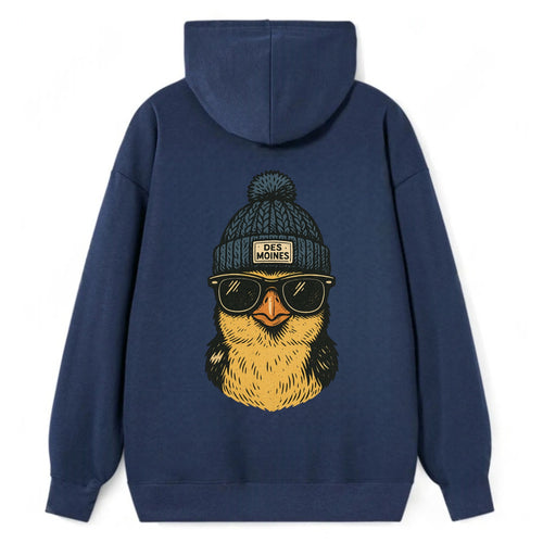 Iowa Goldfinch wearing Des Moines beanie with pom pom and wayfarer - Classic Pullover Hoodie