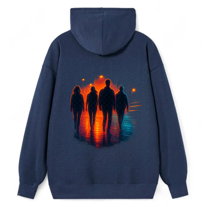 gang of silhouettes walking together at sunset by the beach - Classic Pullover Hoodie - Navy