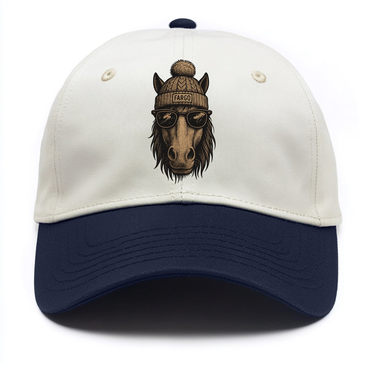 North Dakota Nokota Horse wearing Fargo beanie with pom pom and wayfarer sunglasses - Two Tone Cap - Navy