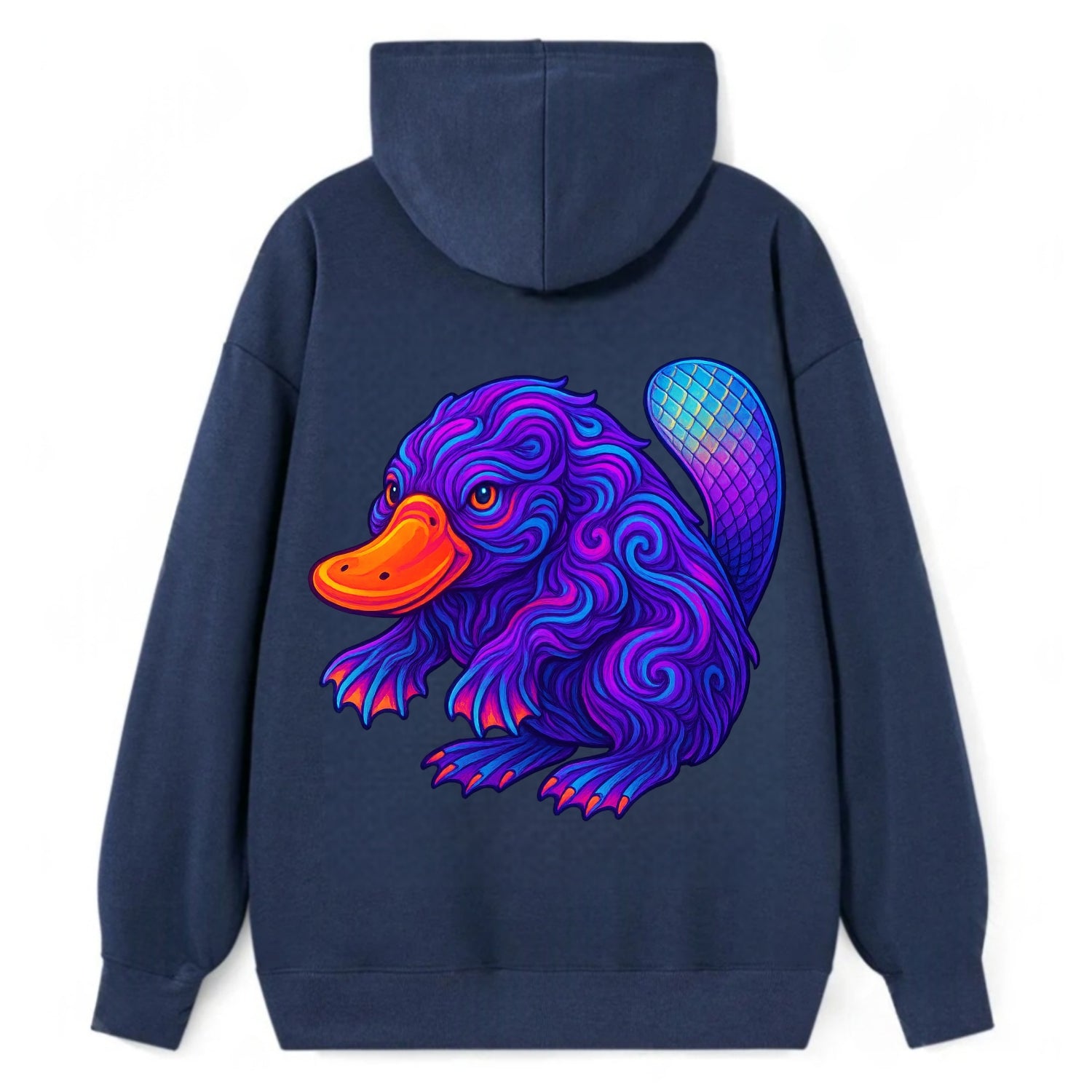 Quirky platypus with bill glowing in neon orange, beaver tail with - Classic Pullover Hoodie - Navy