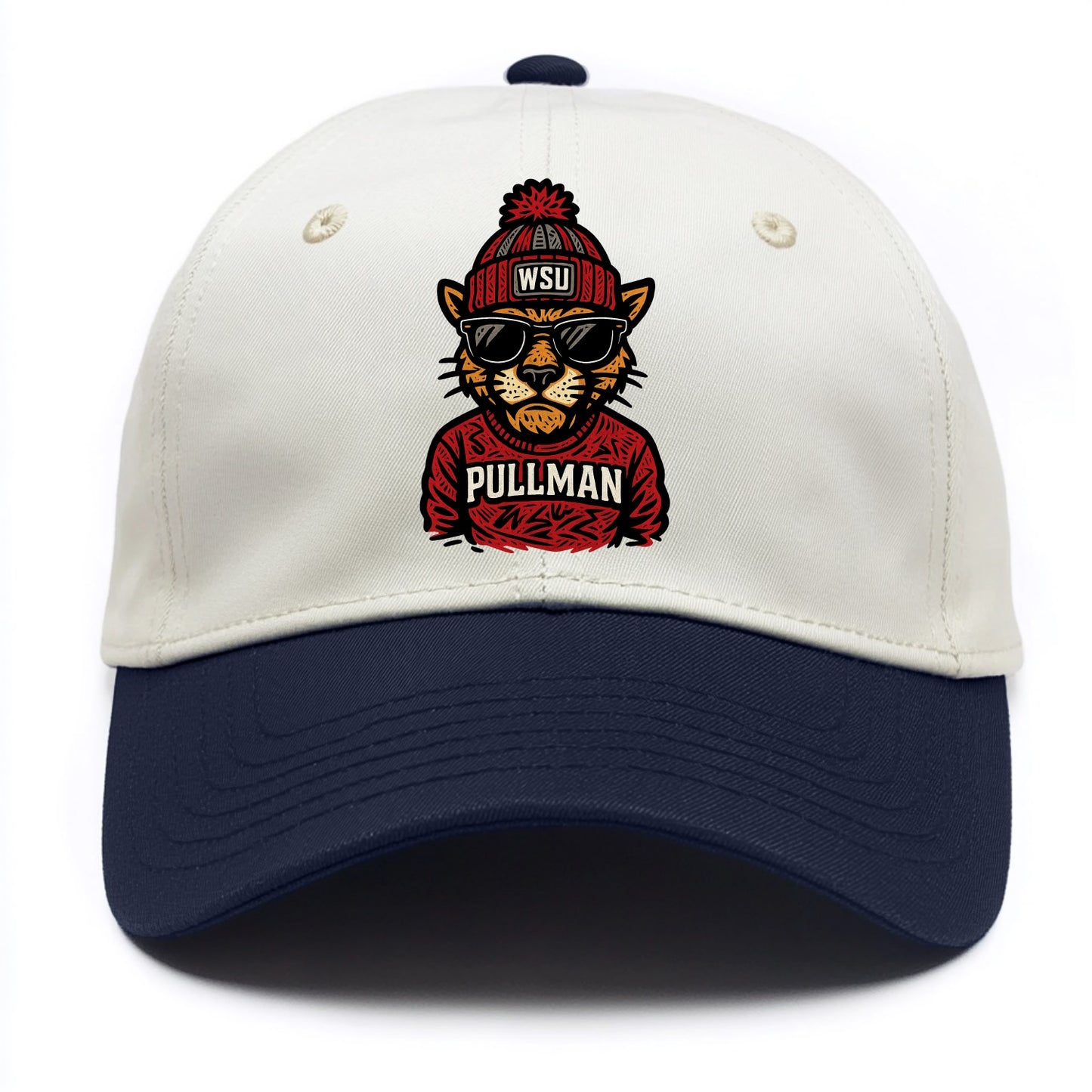 Pullman Cougar wearing Washington State beanie with WSU patch - Two Tone Cap - Navy