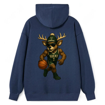 Milwaukee Buck Deer wearing Bucks green and cream beanie with antlers and - Classic Pullover Hoodie - Navy