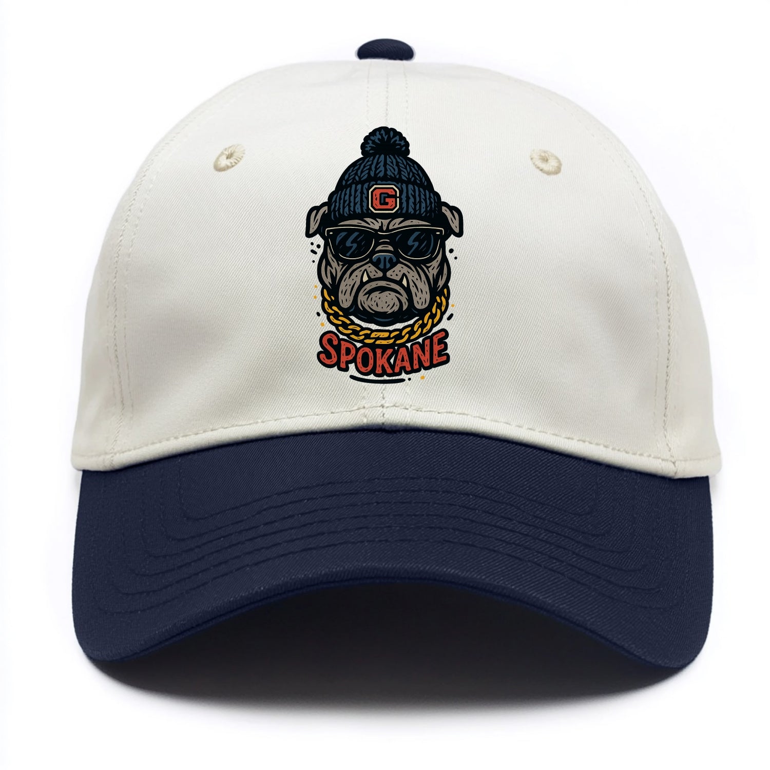 Spokane Bulldog wearing Gonzaga beanie with G patch - Two Tone Cap - Navy