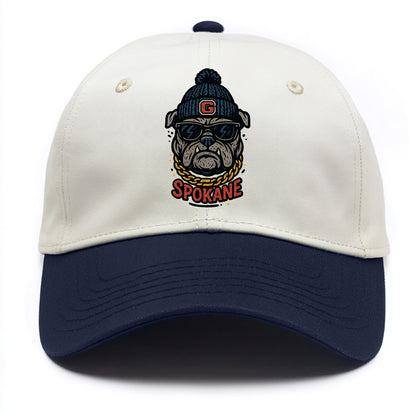 Spokane Bulldog wearing Gonzaga beanie with G patch - Two Tone Cap - Navy