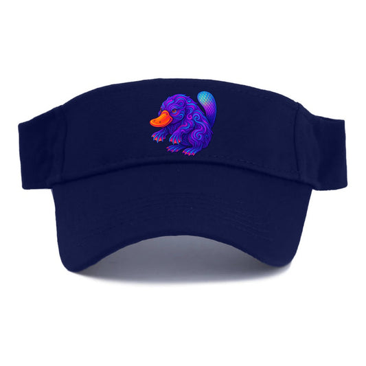 Quirky platypus with bill glowing in neon orange, beaver tail with holographic scales, fur - Visor - Navy