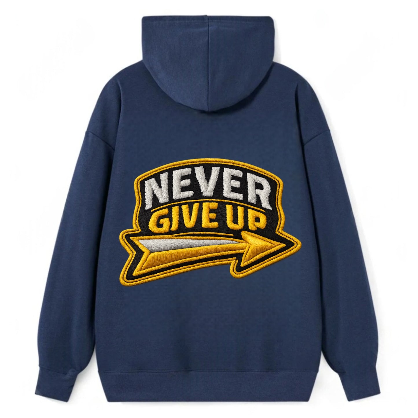 NEVER GIVE UP - bold text with arrow in gold , determination - Classic Pullover Hoodie - Navy