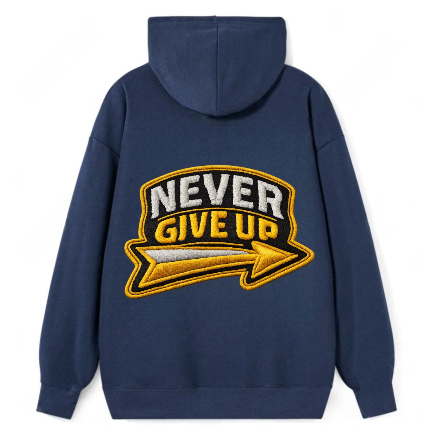 NEVER GIVE UP - bold text with arrow in gold , determination - Classic Pullover Hoodie - Navy