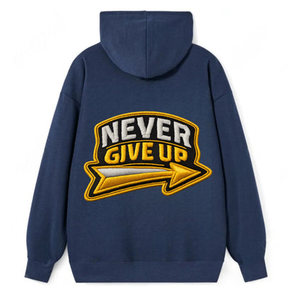 NEVER GIVE UP - bold text with arrow in gold , determination - Classic Pullover Hoodie - Navy