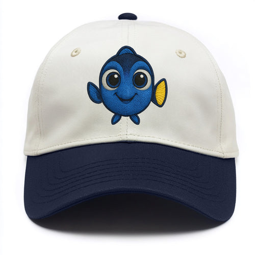 Baby Blue Tang - bright blue with yellow tail, big eyes, front-facing, Dory-style - Two Tone Cap