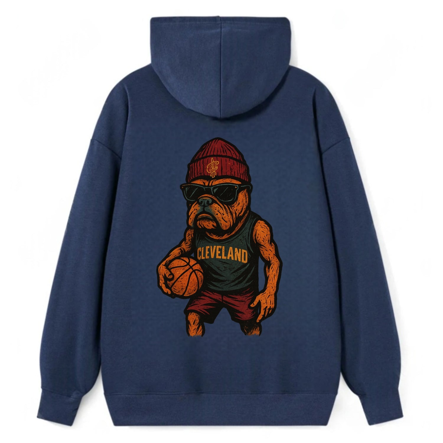 Cleveland Bulldog wearing Cavaliers wine and gold beanie with sword patch - Classic Pullover Hoodie - Navy