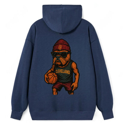 Cleveland Bulldog wearing Cavaliers wine and gold beanie with sword patch - Classic Pullover Hoodie - Navy