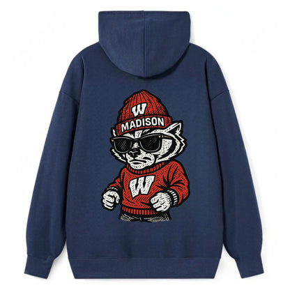 Madison Badger wearing Wisconsin beanie with motion W patch - Classic Pullover Hoodie - Navy