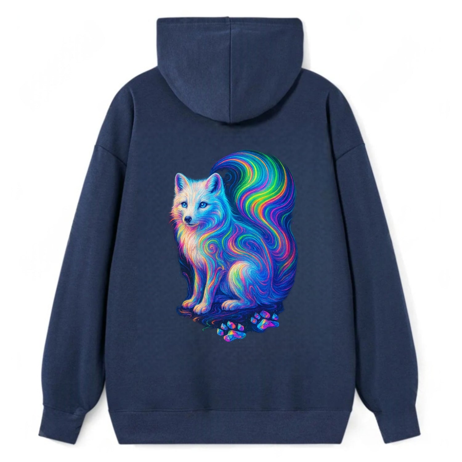 Graceful arctic fox with tail streaming aurora colors, white fur with - Classic Pullover Hoodie - Navy
