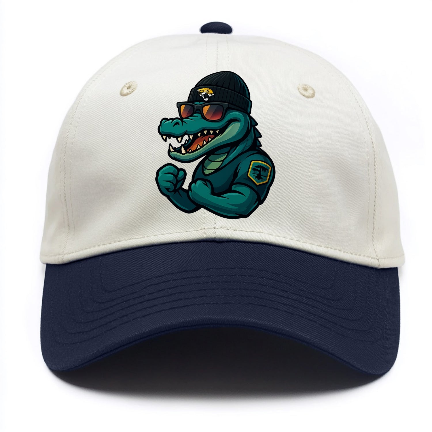 Jacksonville Alligator wearing Jaguars beanie with swamp patch and wayfarer - Two Tone Cap - Navy