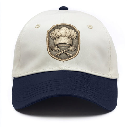 COOKING CHEF HAT - toque blanche with crossed spoons in white and silver , culinary - Two Tone Cap - Navy
