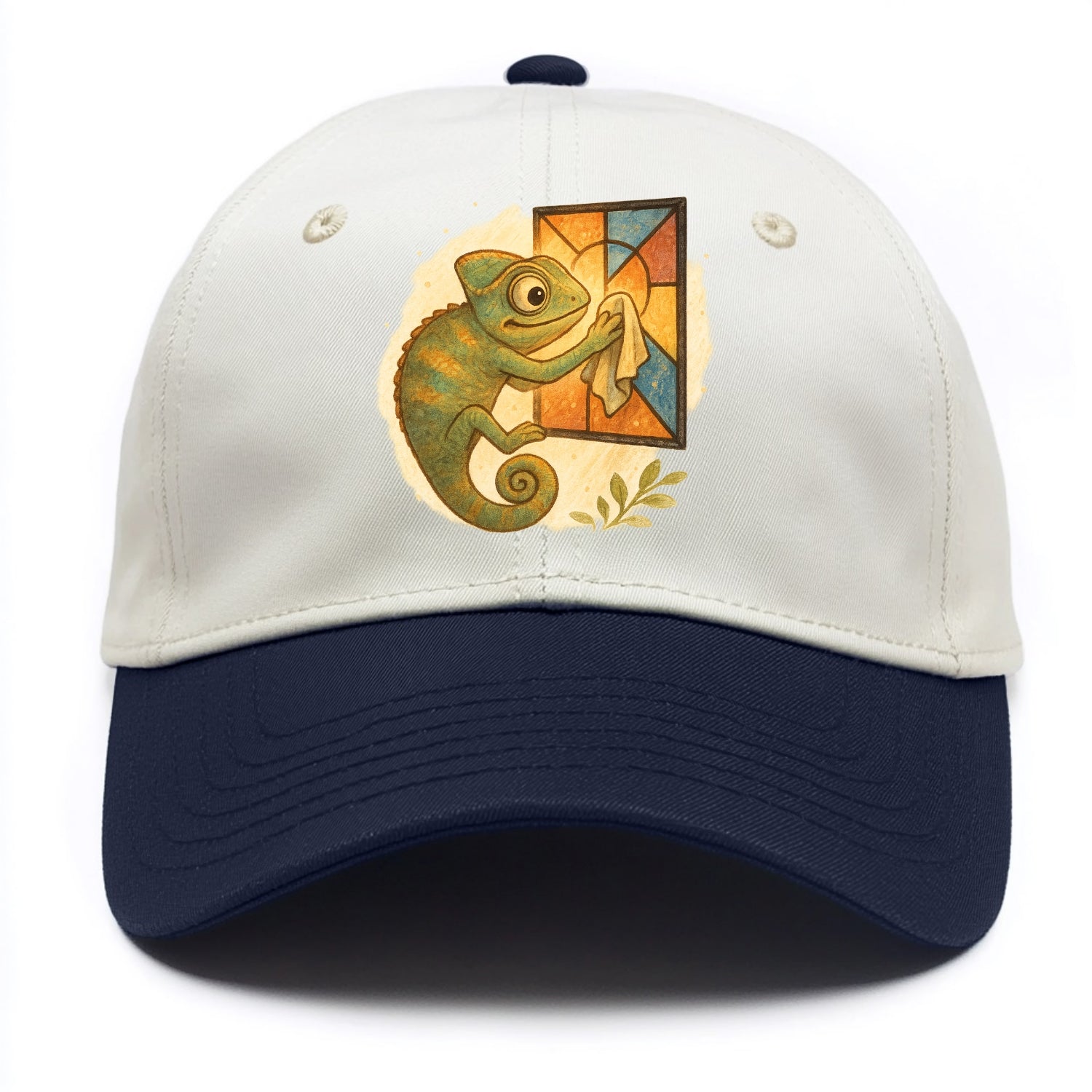 Chameleon blending into a stained-glass window it is polishing with delicate cloths - Two Tone Cap - Navy