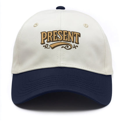 Bold typography design - "PRESENT" - living in the now - Two Tone Cap - Navy