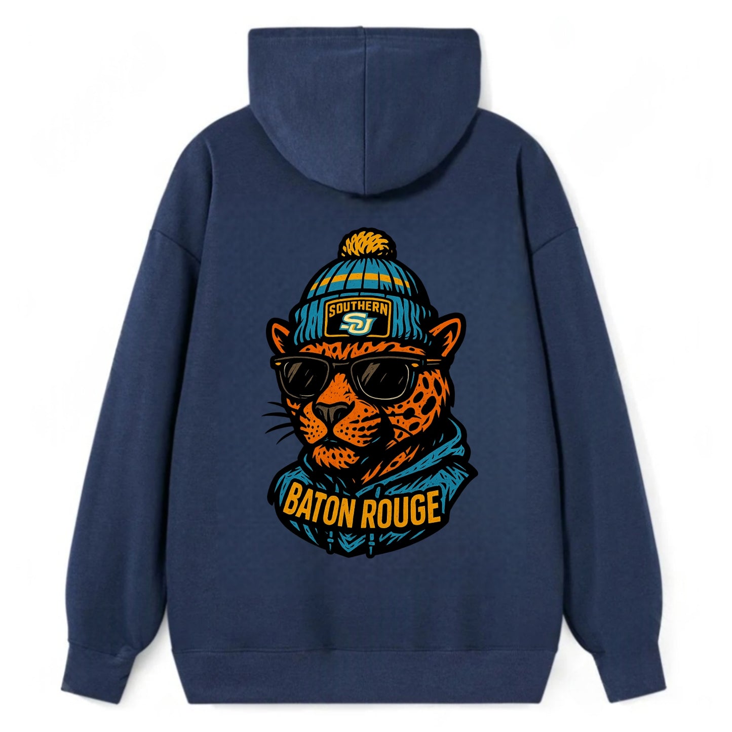 Baton Rouge Jaguar wearing Southern beanie with SU patch - Classic Pullover Hoodie - Navy