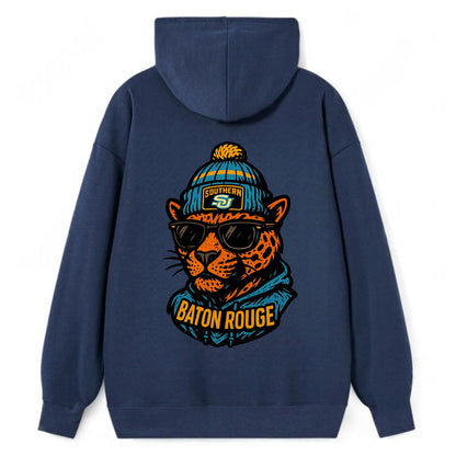 Baton Rouge Jaguar wearing Southern beanie with SU patch - Classic Pullover Hoodie - Navy