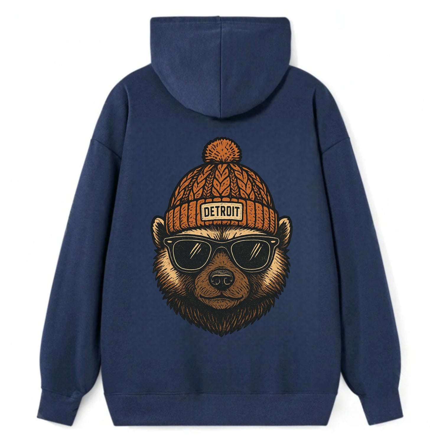 Detroit Wolverine wearing Detroit beanie with pom pom and wayfarer - Classic Pullover Hoodie - Navy