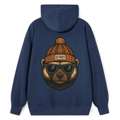 Detroit Wolverine wearing Detroit beanie with pom pom and wayfarer - Classic Pullover Hoodie - Navy
