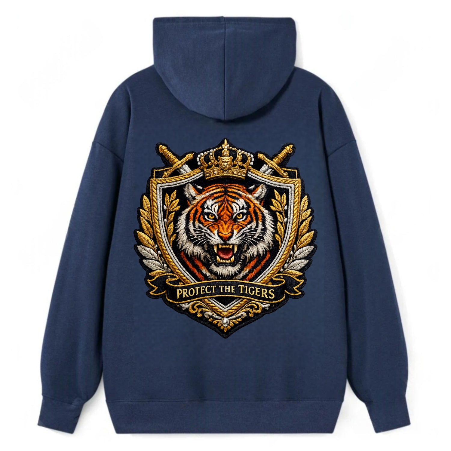 PROTECT THE TIGERS - tiger with shield in orange , big cat conservation - Classic Pullover Hoodie - Navy