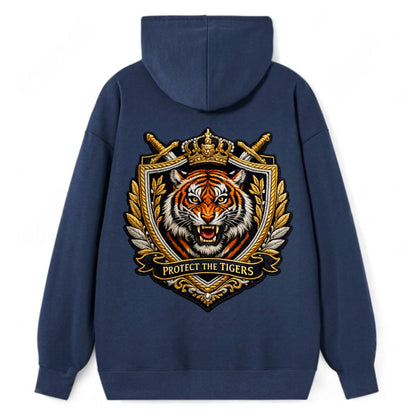 PROTECT THE TIGERS - tiger with shield in orange , big cat conservation - Classic Pullover Hoodie - Navy