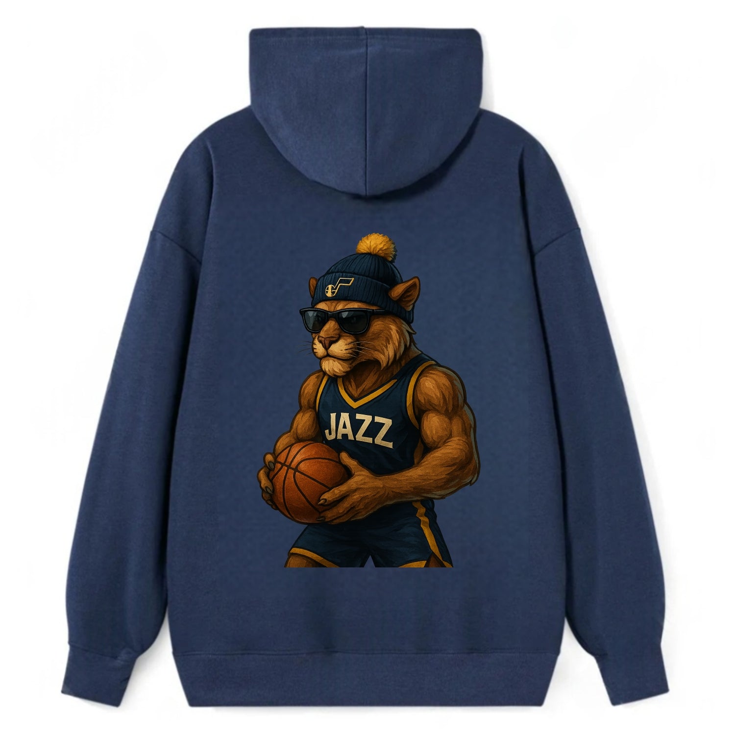Utah Mountain Lion wearing Jazz navy and yellow beanie with music note - Classic Pullover Hoodie - Navy