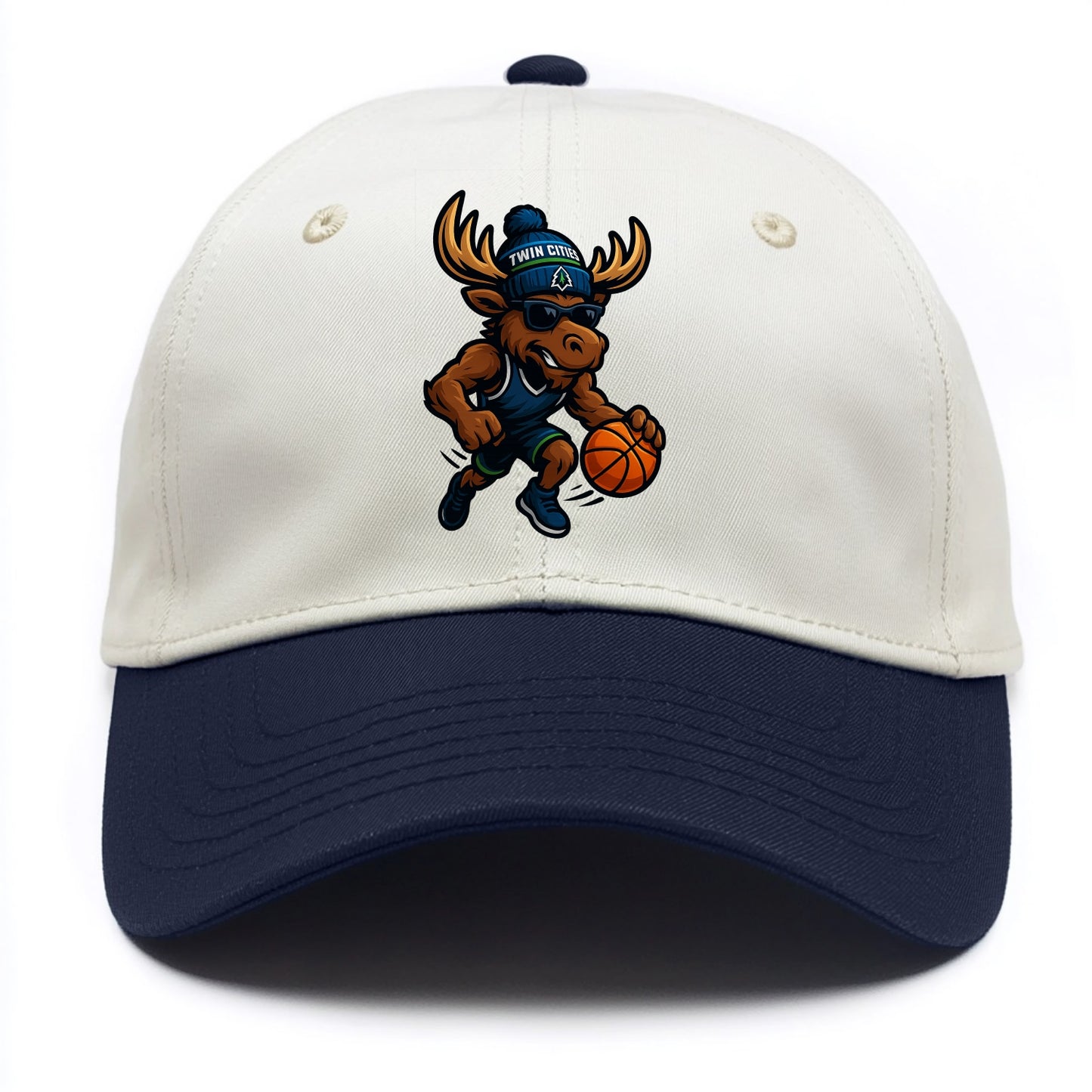 Twin Cities Moose wearing Timberwolves beanie with pine tree patch and wayfarer - Two Tone Cap - Navy